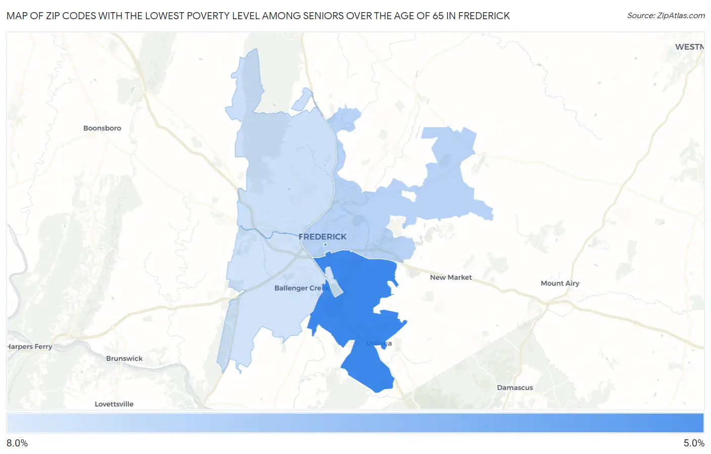 Zip Codes with the Lowest Poverty Level Among Seniors Over the Age of 65 in Frederick Map