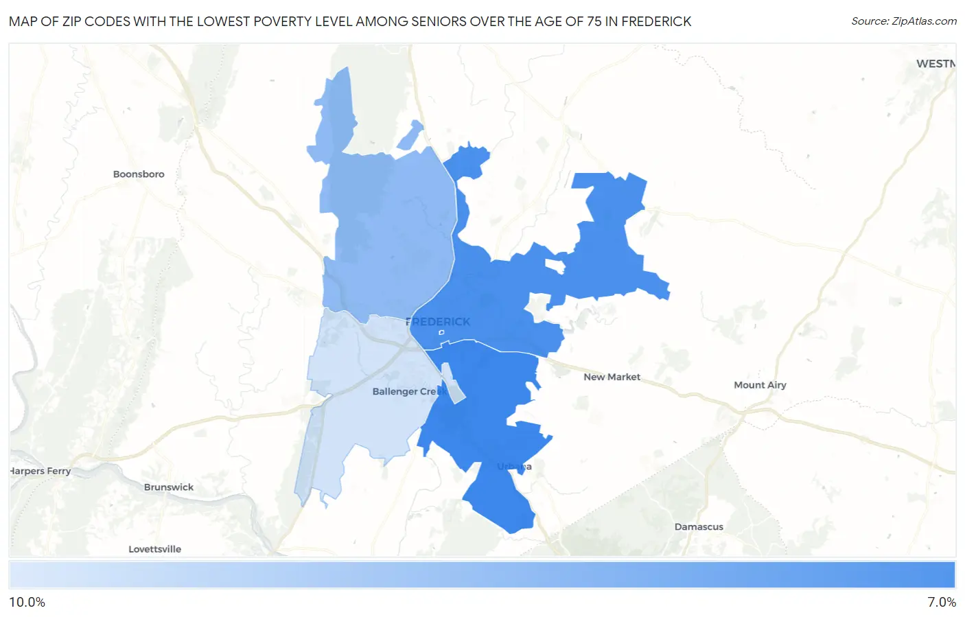 Zip Codes with the Lowest Poverty Level Among Seniors Over the Age of 75 in Frederick Map