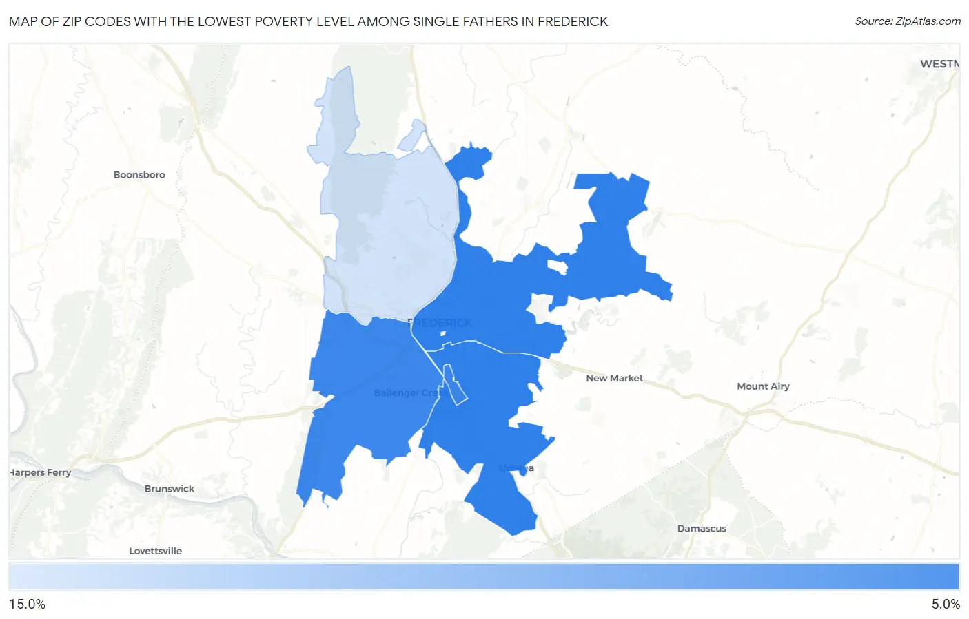 Zip Codes with the Lowest Poverty Level Among Single Fathers in Frederick Map