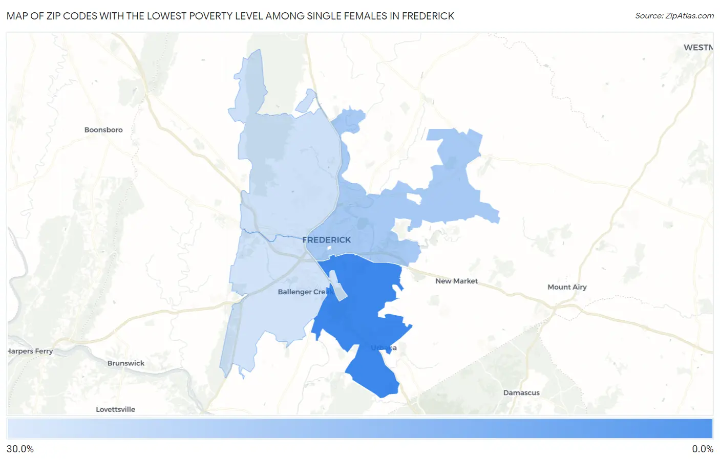 Zip Codes with the Lowest Poverty Level Among Single Females in Frederick Map