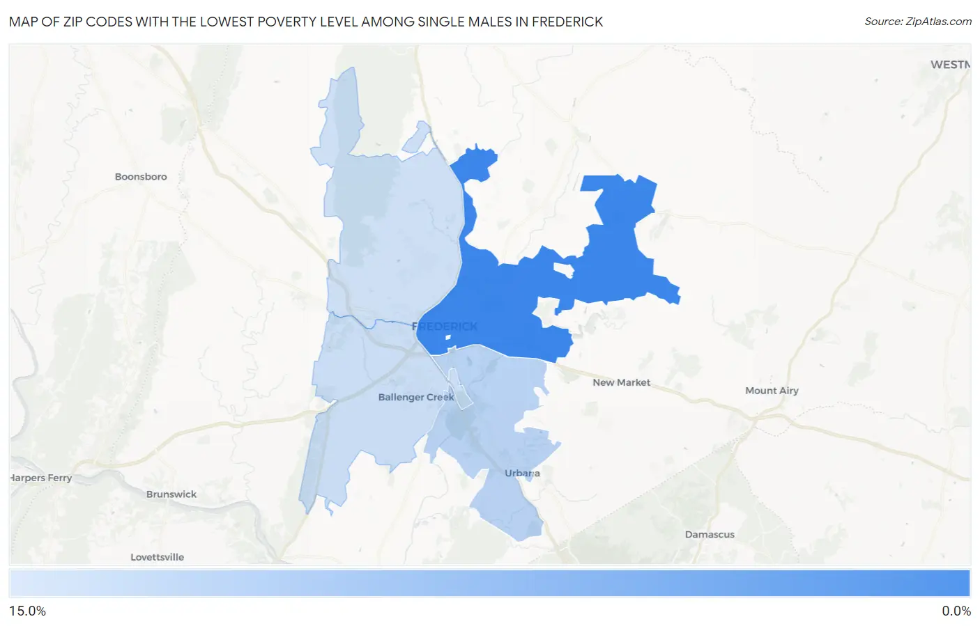 Zip Codes with the Lowest Poverty Level Among Single Males in Frederick Map