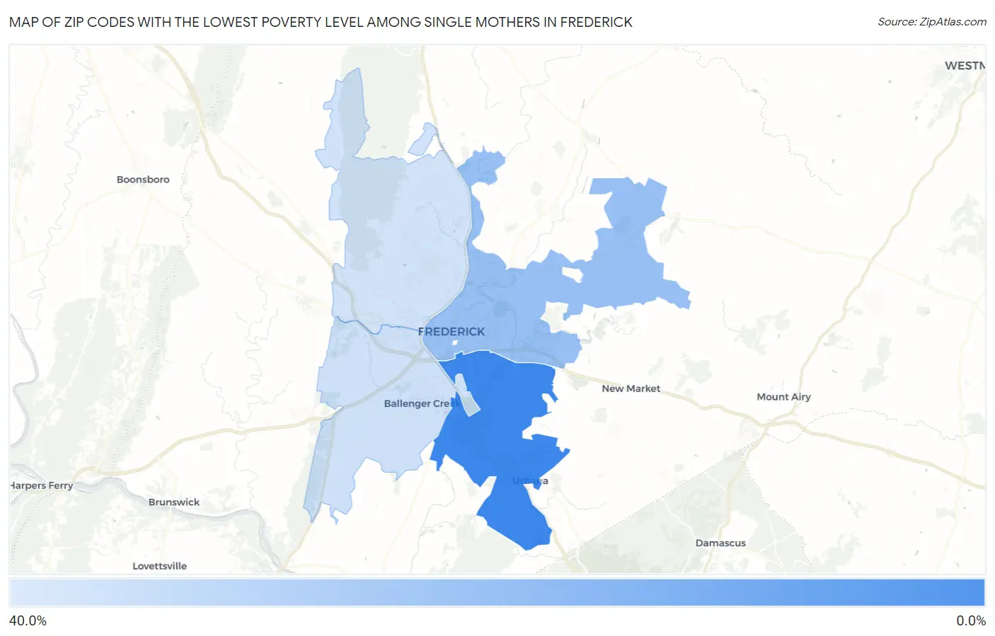 Zip Codes with the Lowest Poverty Level Among Single Mothers in Frederick Map