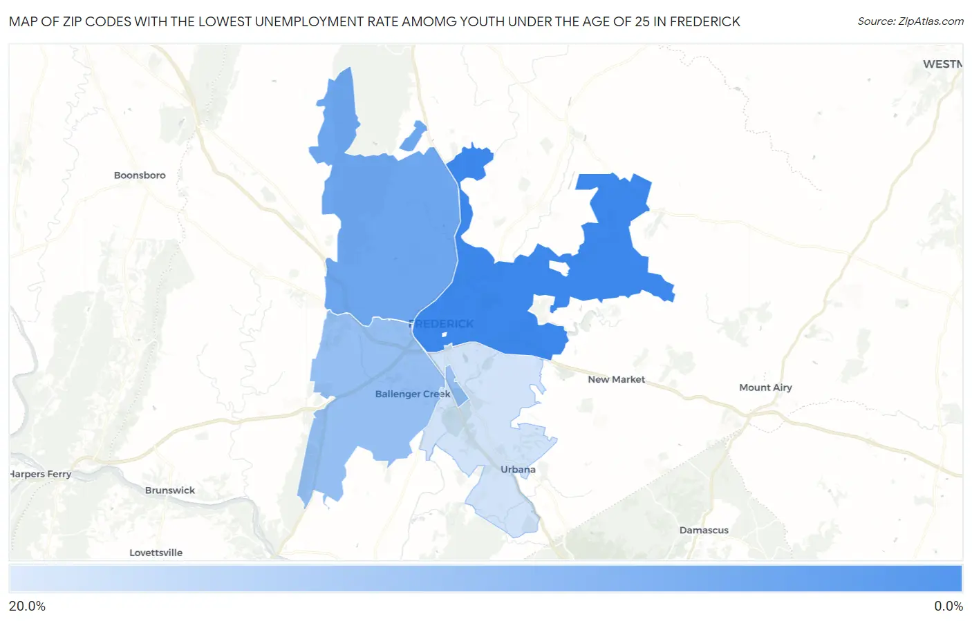 Zip Codes with the Lowest Unemployment Rate Amomg Youth Under the Age of 25 in Frederick Map