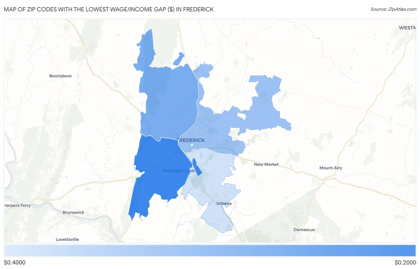 Zip Codes with the Lowest Wage/Income Gap ($) in Frederick Map