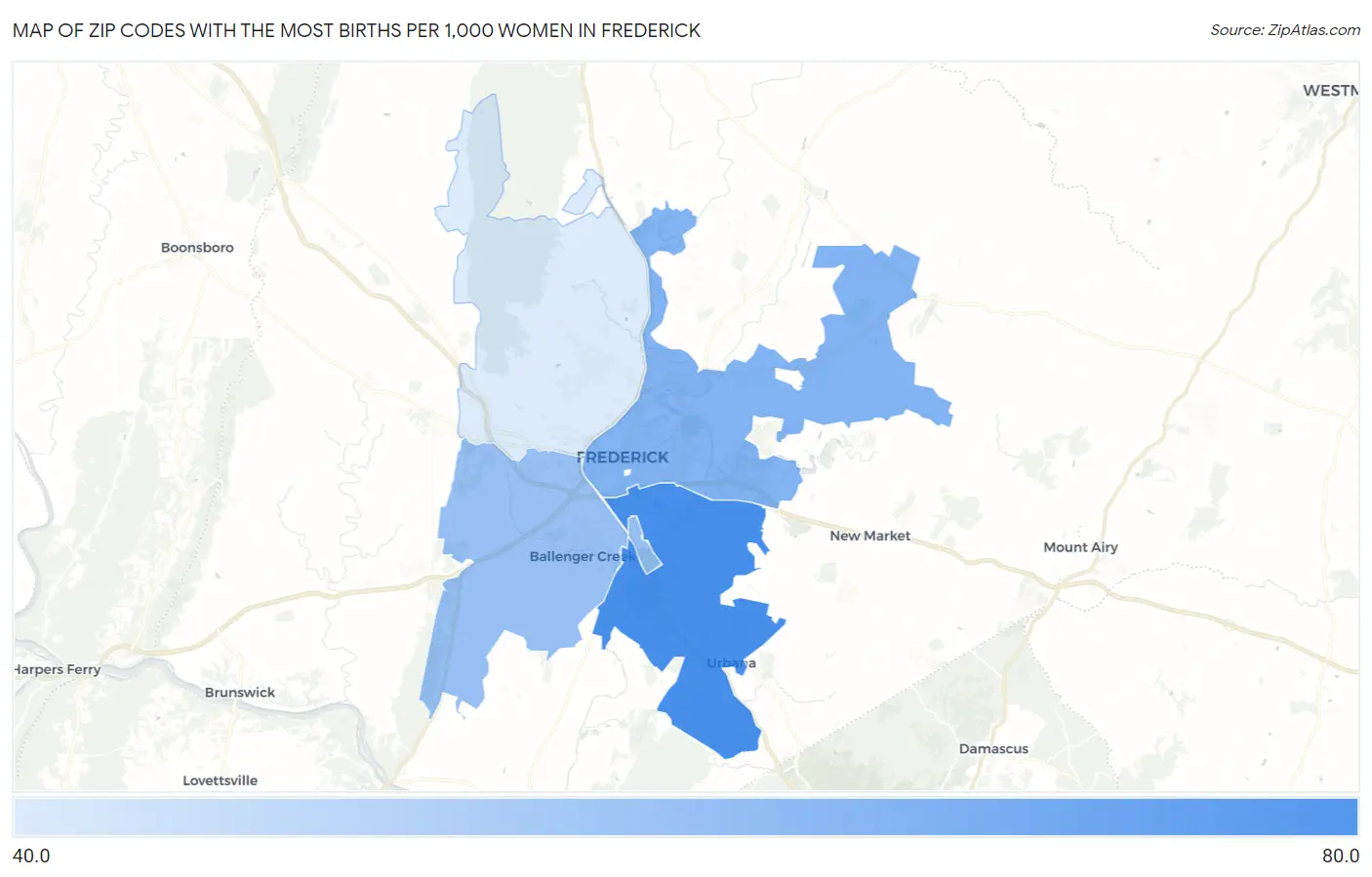 Zip Codes with the Most Births per 1,000 Women in Frederick Map