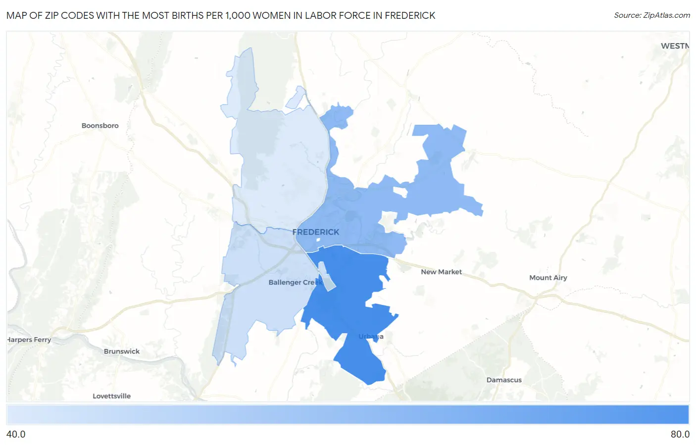 Zip Codes with the Most Births per 1,000 Women in Labor Force in Frederick Map