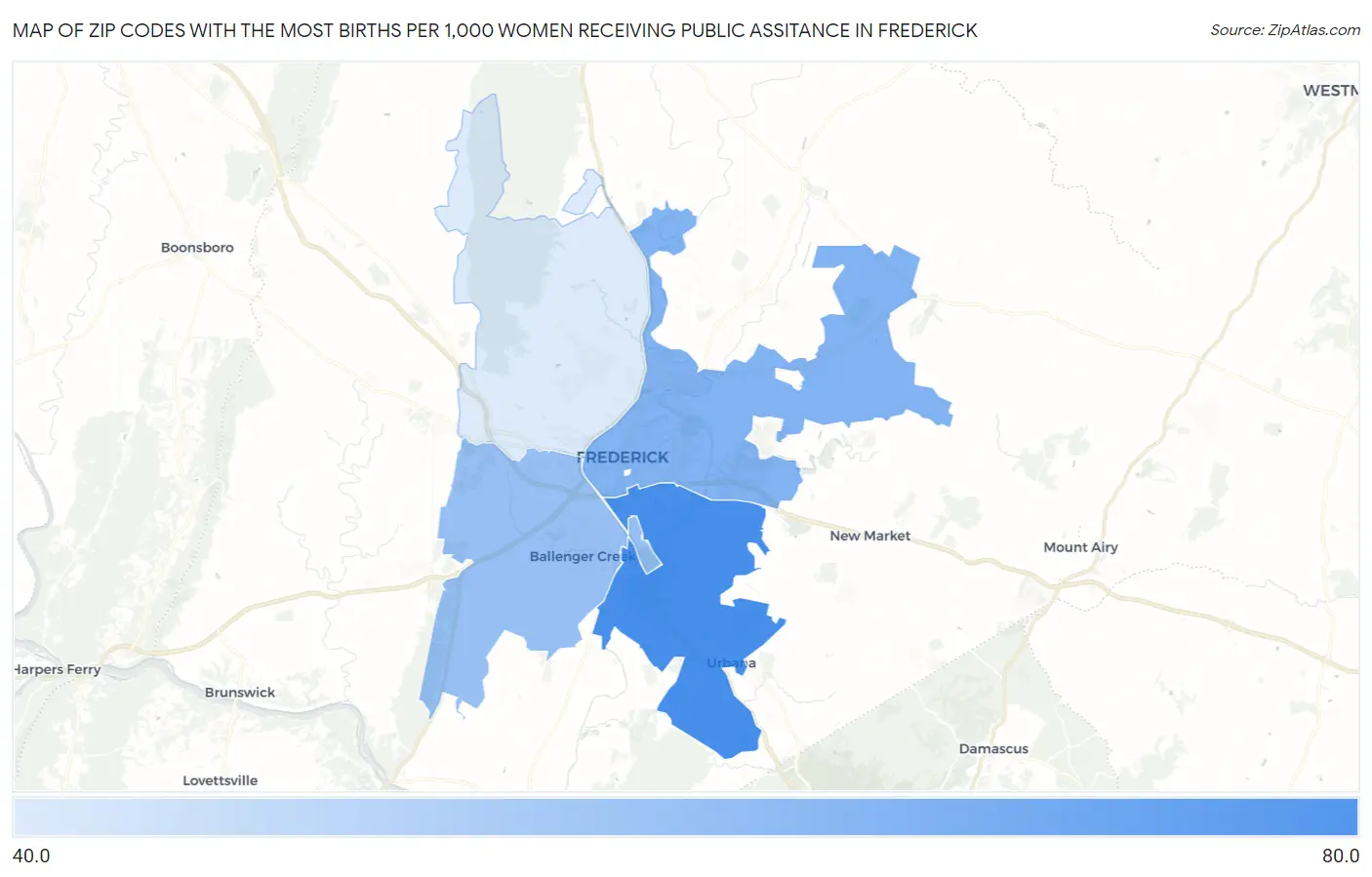 Zip Codes with the Most Births per 1,000 Women Receiving Public Assitance in Frederick Map