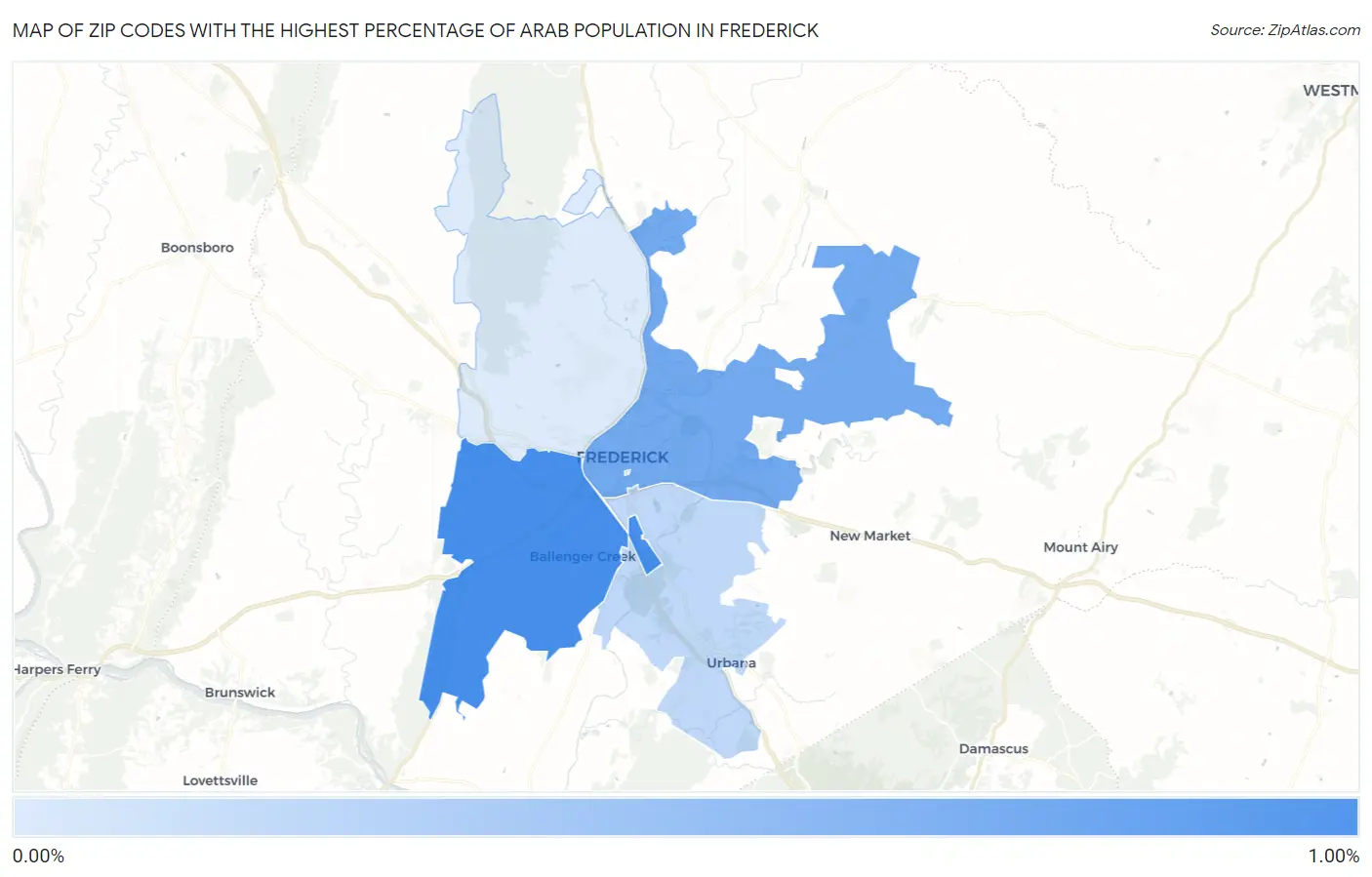 Zip Codes with the Highest Percentage of Arab Population in Frederick Map