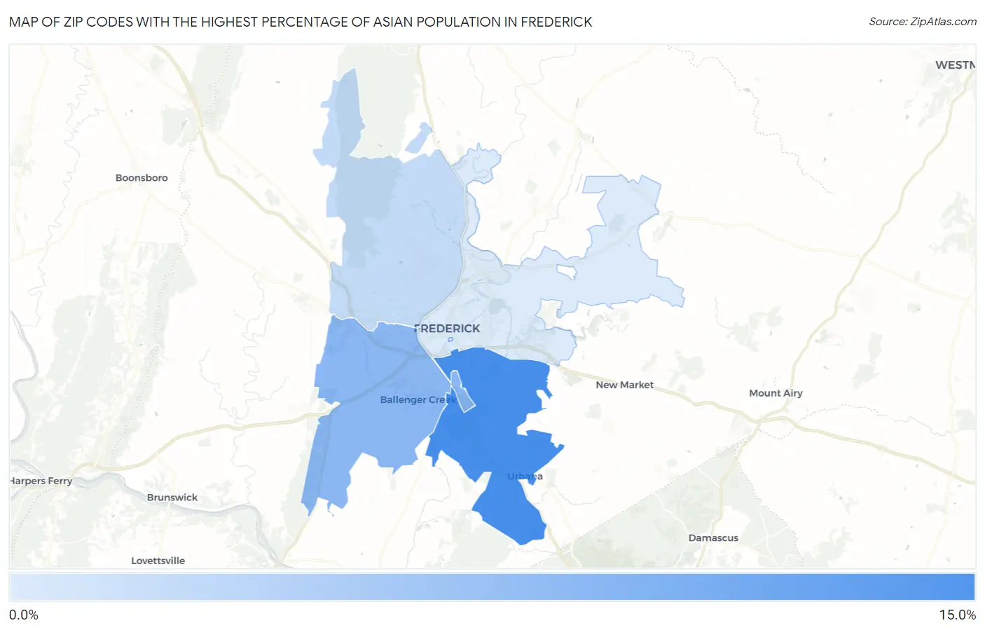 Zip Codes with the Highest Percentage of Asian Population in Frederick Map