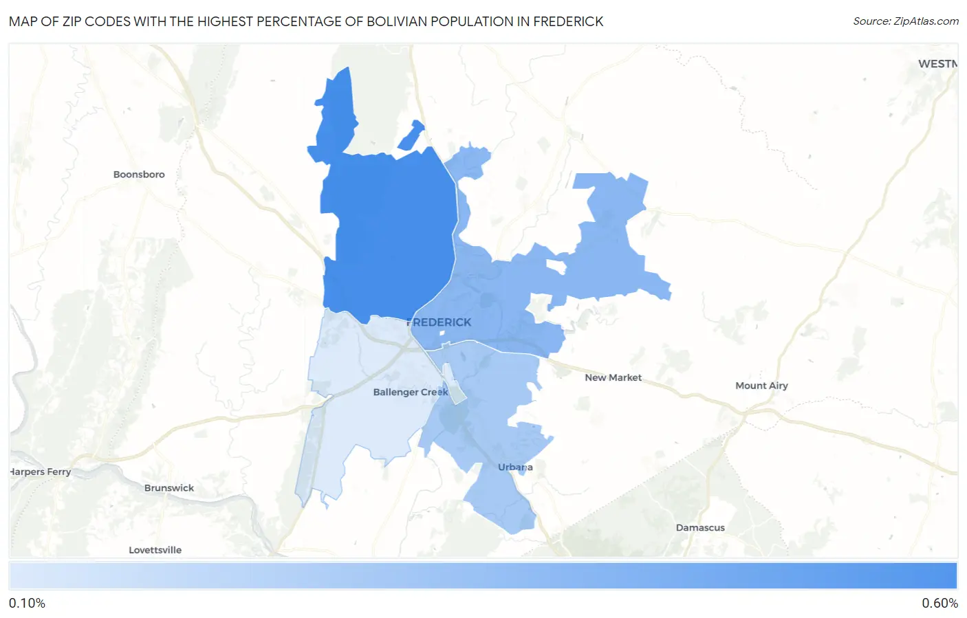 Zip Codes with the Highest Percentage of Bolivian Population in Frederick Map