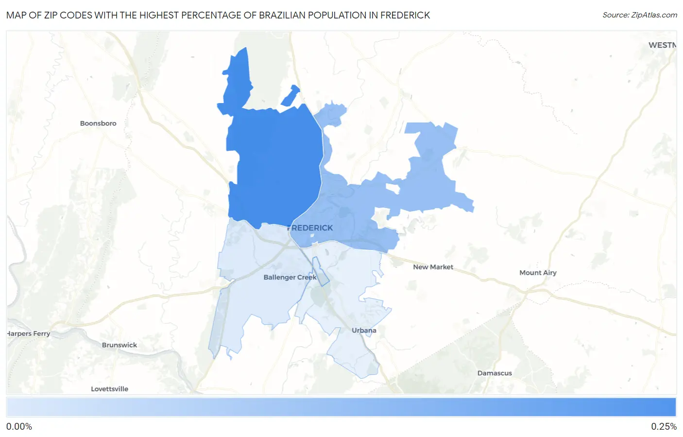 Zip Codes with the Highest Percentage of Brazilian Population in Frederick Map
