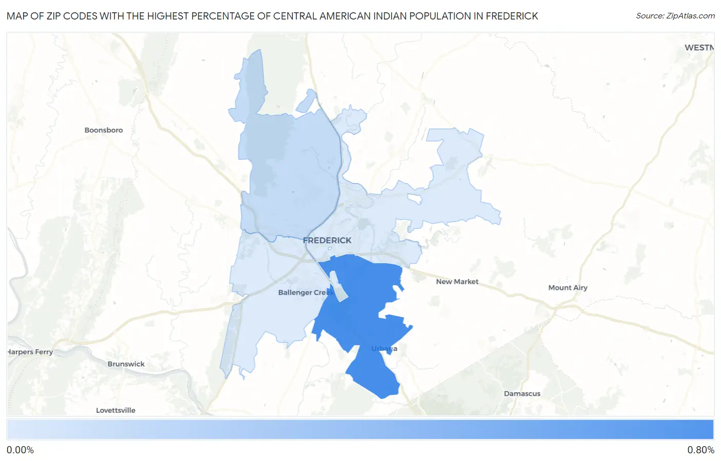 Zip Codes with the Highest Percentage of Central American Indian Population in Frederick Map