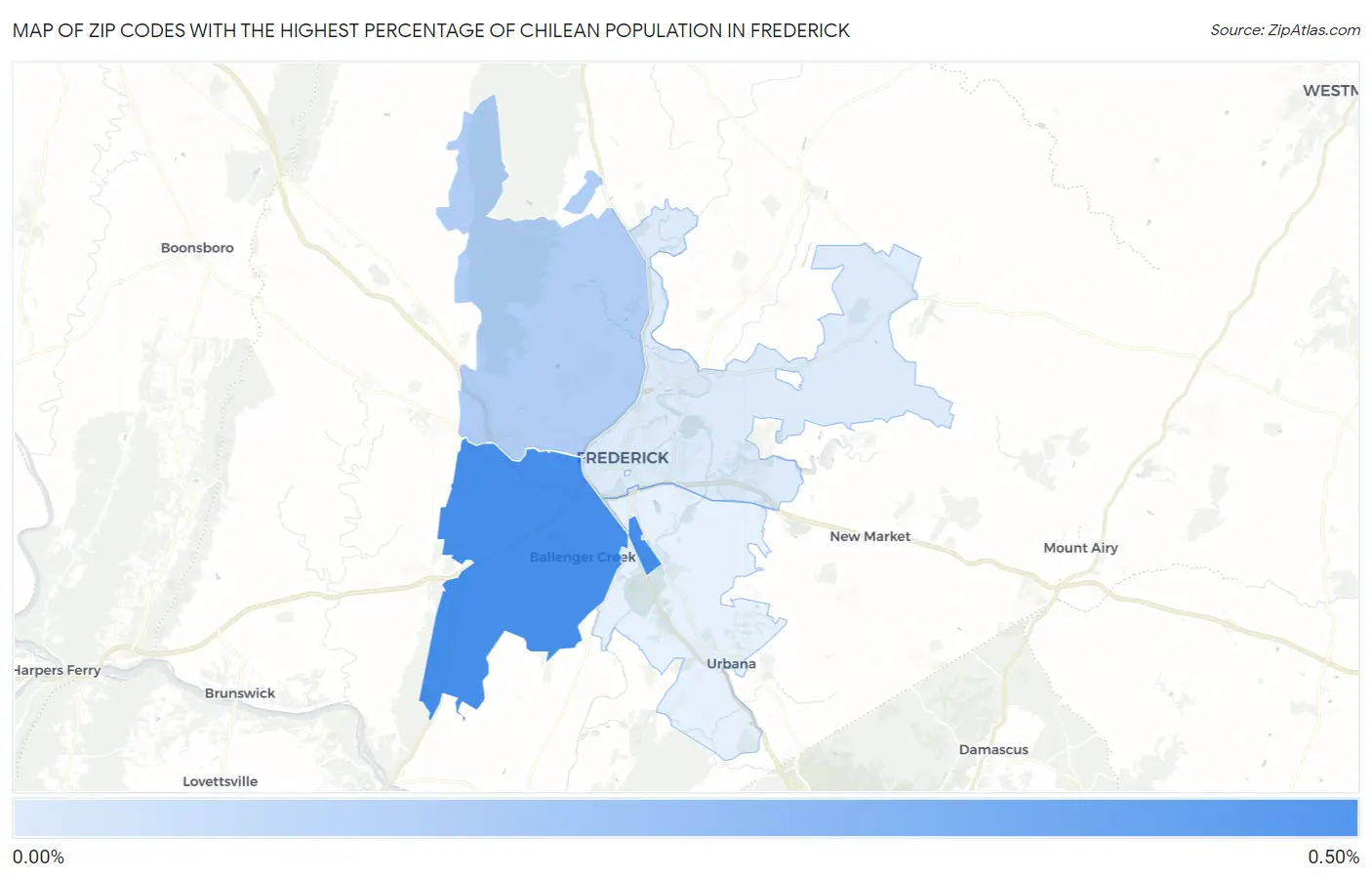 Zip Codes with the Highest Percentage of Chilean Population in Frederick Map
