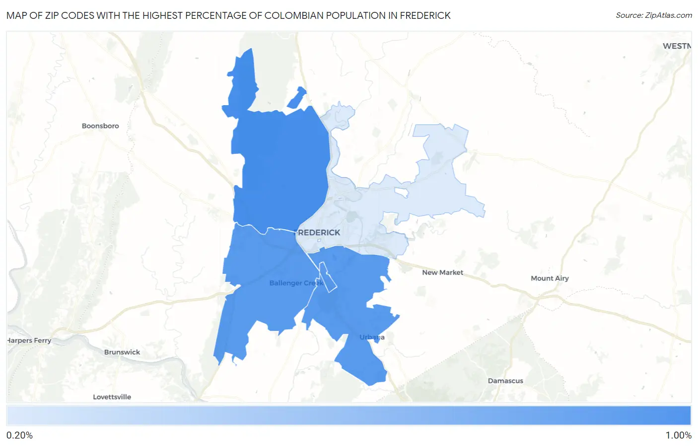 Zip Codes with the Highest Percentage of Colombian Population in Frederick Map