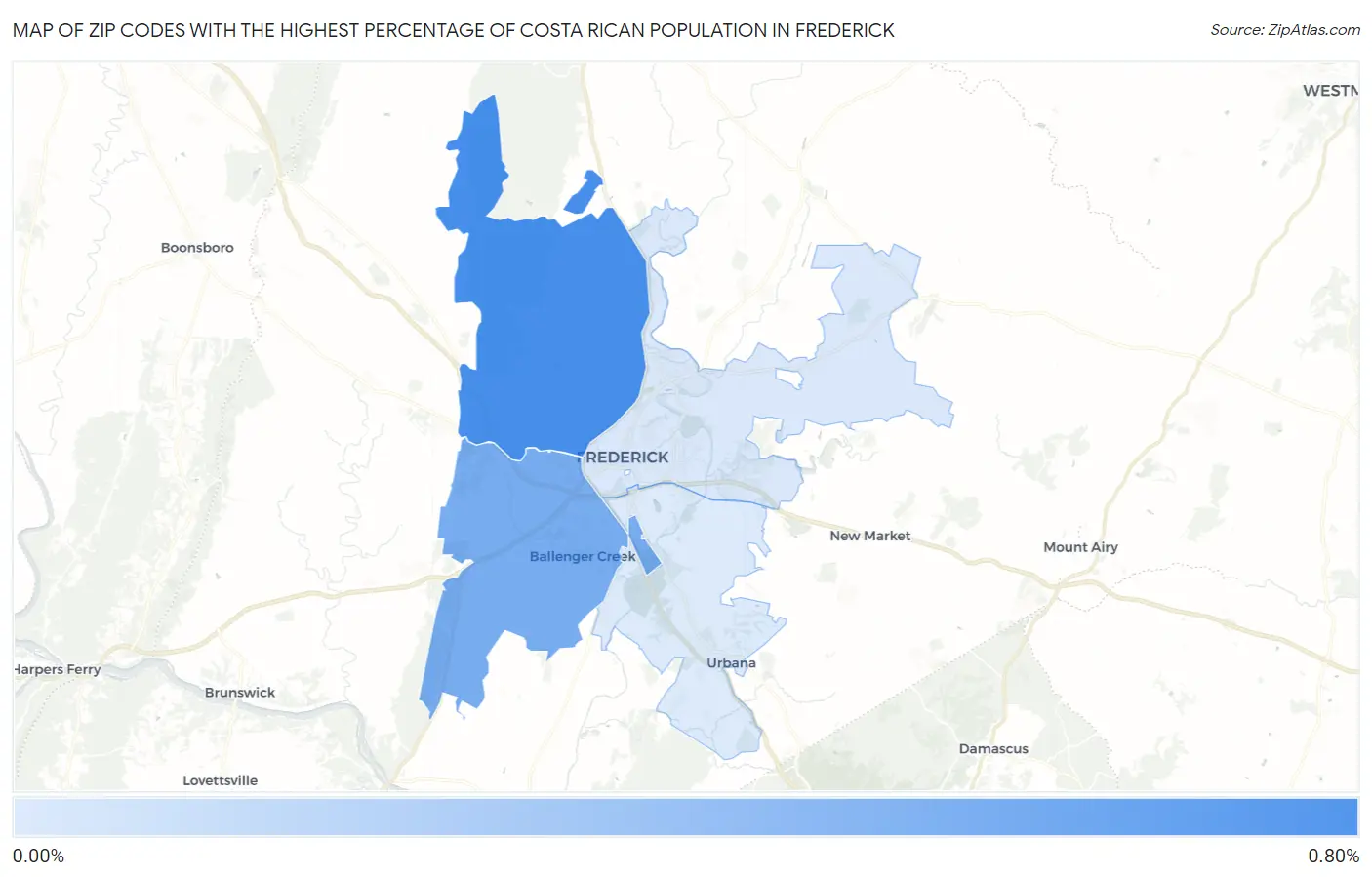 Zip Codes with the Highest Percentage of Costa Rican Population in Frederick Map