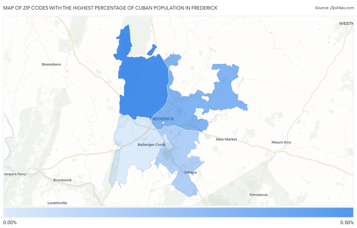 Zip Codes with the Highest Percentage of Cuban Population in Frederick Map
