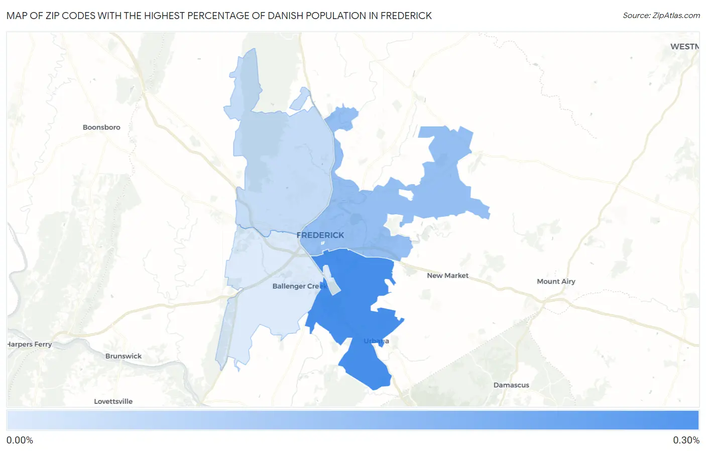 Zip Codes with the Highest Percentage of Danish Population in Frederick Map