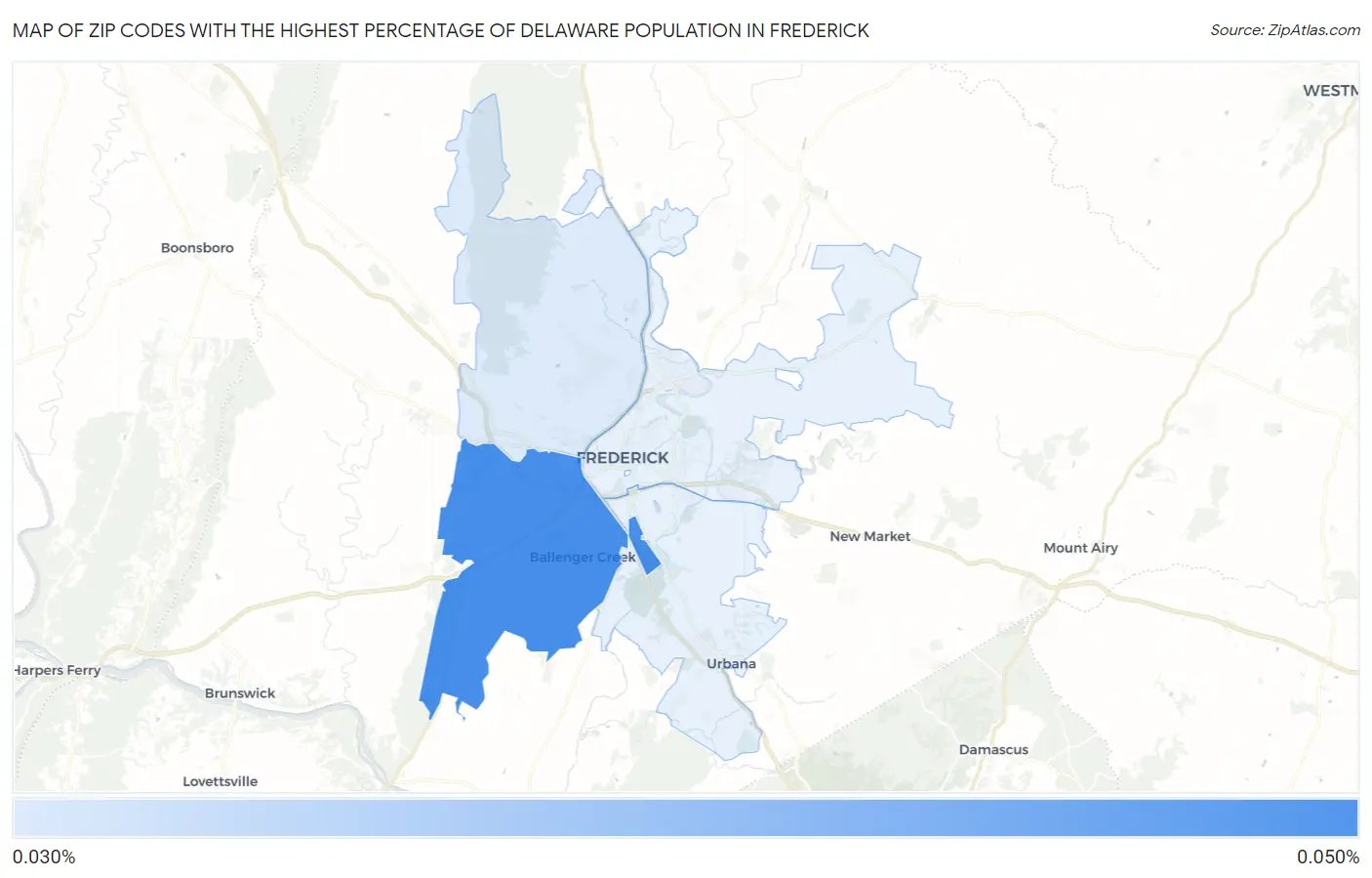 Zip Codes with the Highest Percentage of Delaware Population in Frederick Map