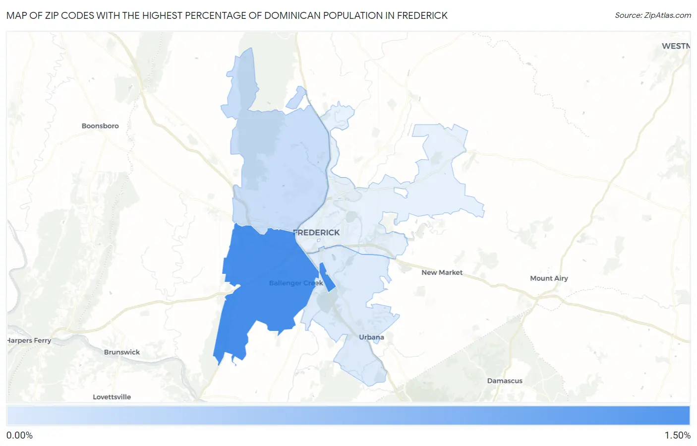 Zip Codes with the Highest Percentage of Dominican Population in Frederick Map