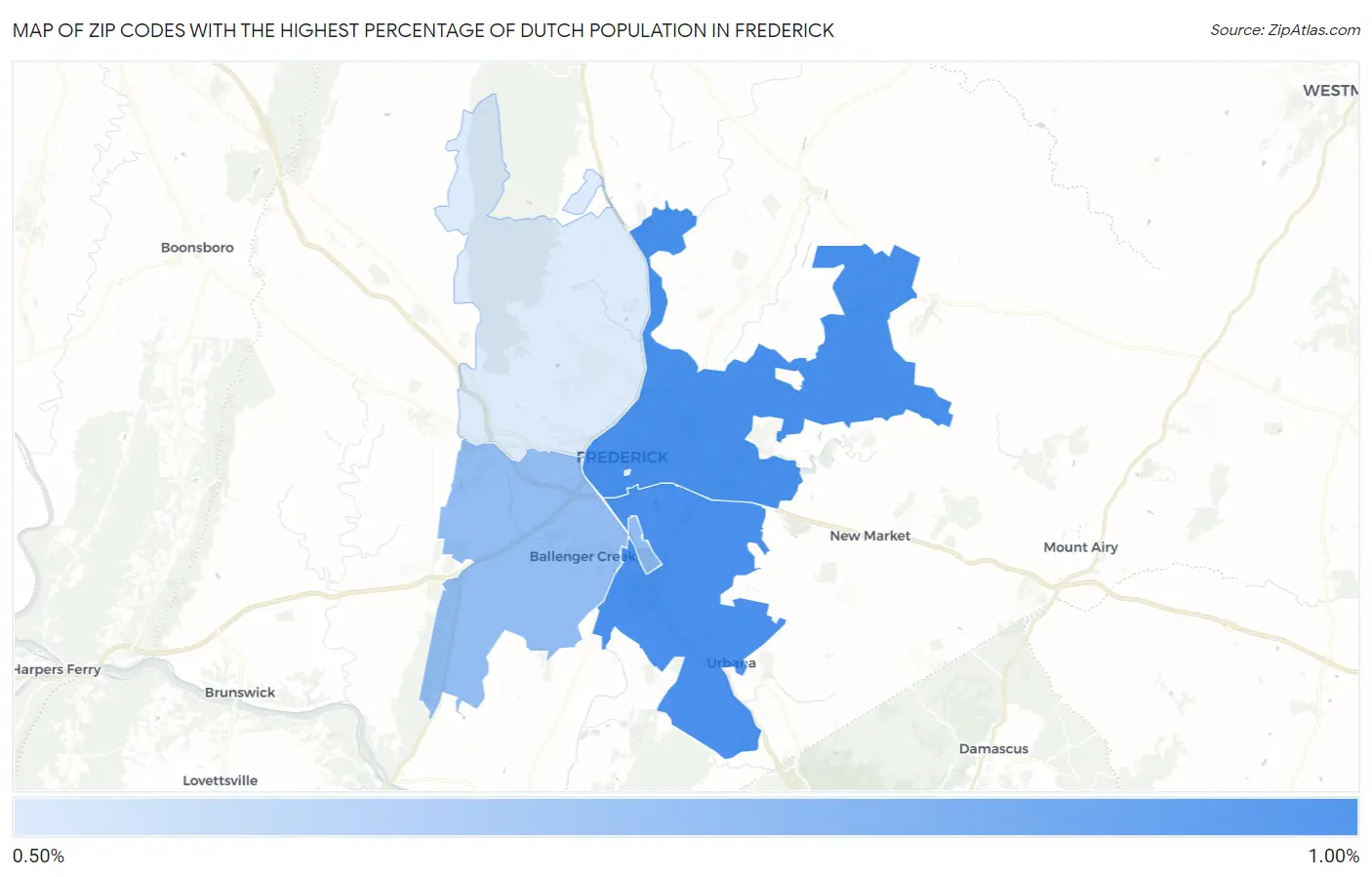 Zip Codes with the Highest Percentage of Dutch Population in Frederick Map