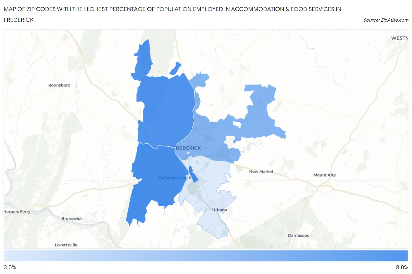 Zip Codes with the Highest Percentage of Population Employed in Accommodation & Food Services in Frederick Map