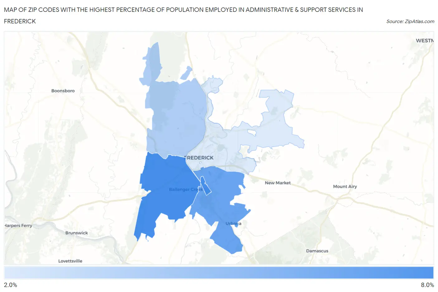 Zip Codes with the Highest Percentage of Population Employed in Administrative & Support Services in Frederick Map
