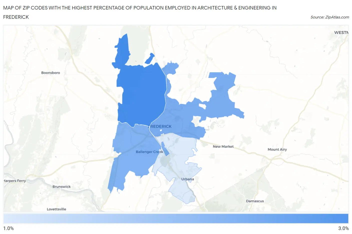 Zip Codes with the Highest Percentage of Population Employed in Architecture & Engineering in Frederick Map
