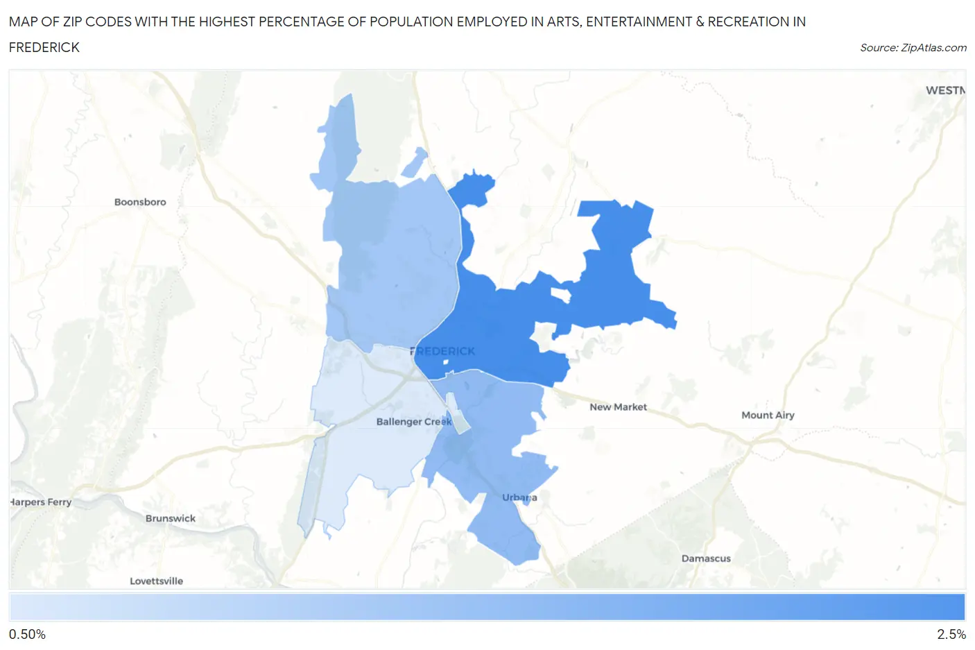 Zip Codes with the Highest Percentage of Population Employed in Arts, Entertainment & Recreation in Frederick Map