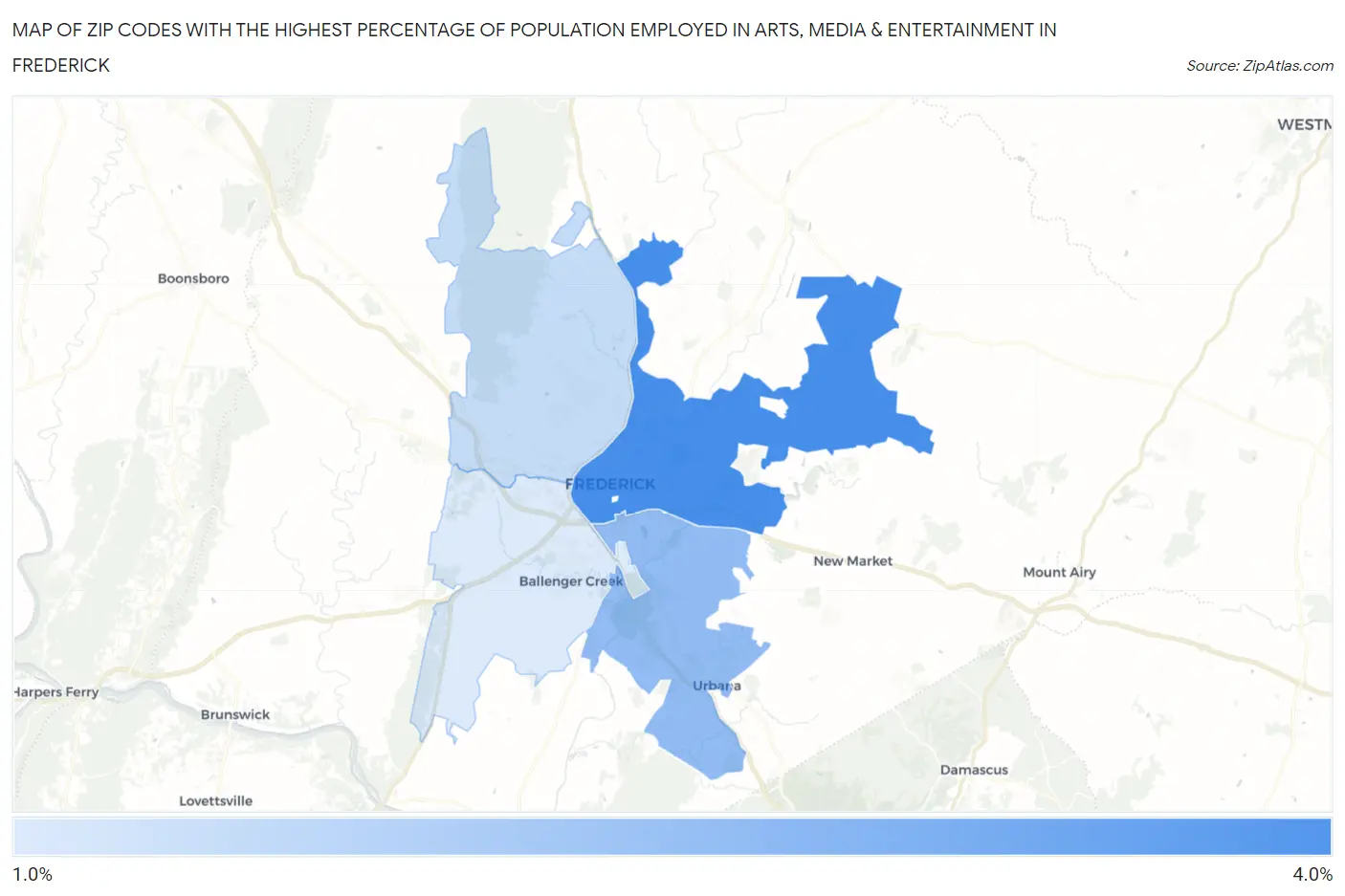 Zip Codes with the Highest Percentage of Population Employed in Arts, Media & Entertainment in Frederick Map