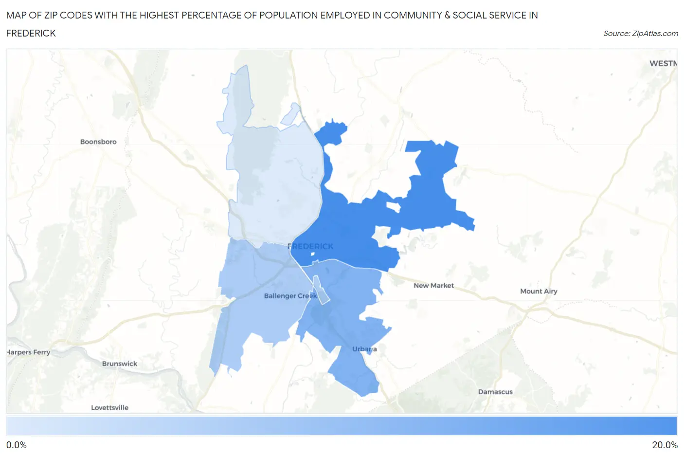 Zip Codes with the Highest Percentage of Population Employed in Community & Social Service  in Frederick Map