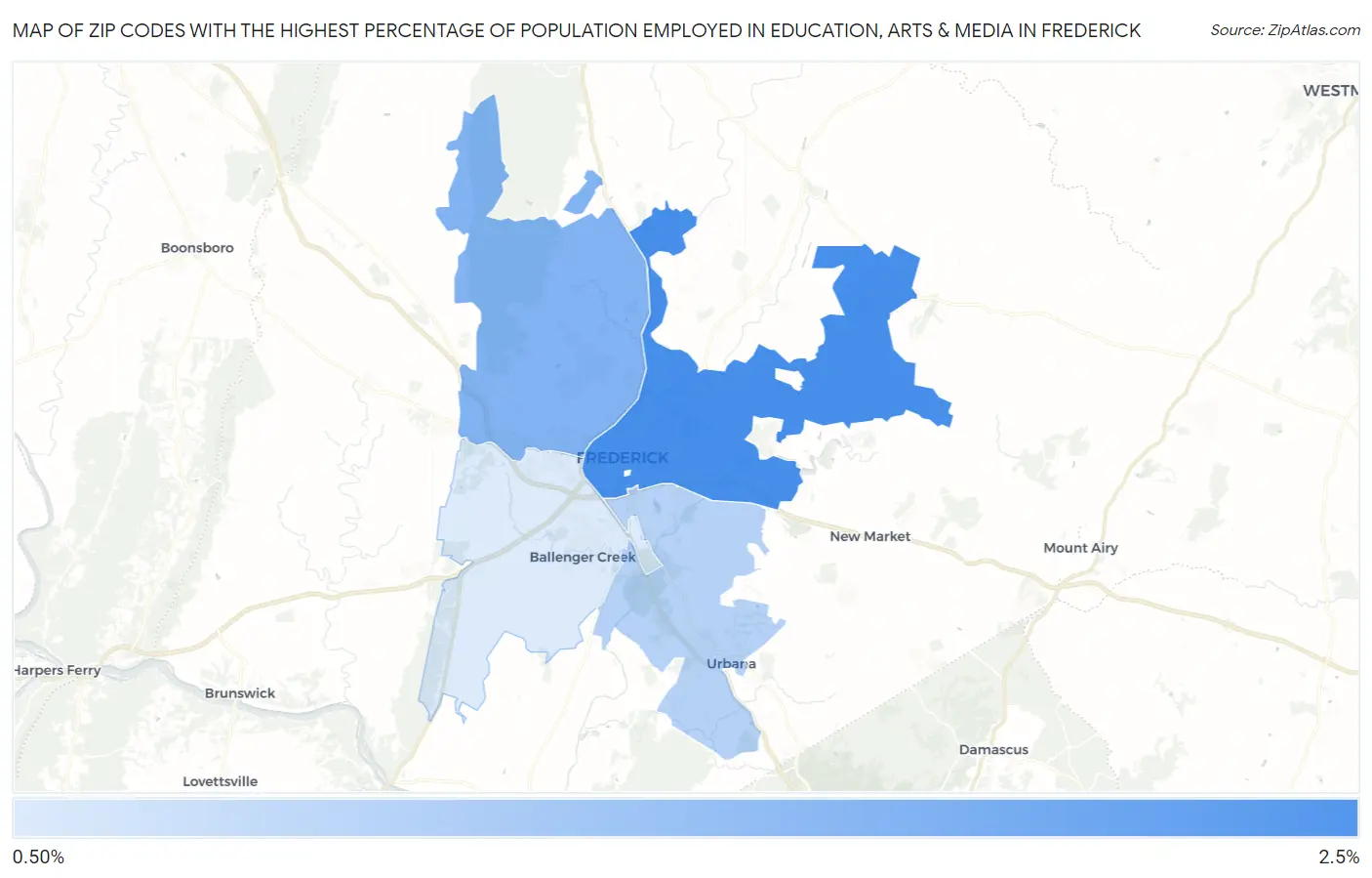 Zip Codes with the Highest Percentage of Population Employed in Education, Arts & Media in Frederick Map