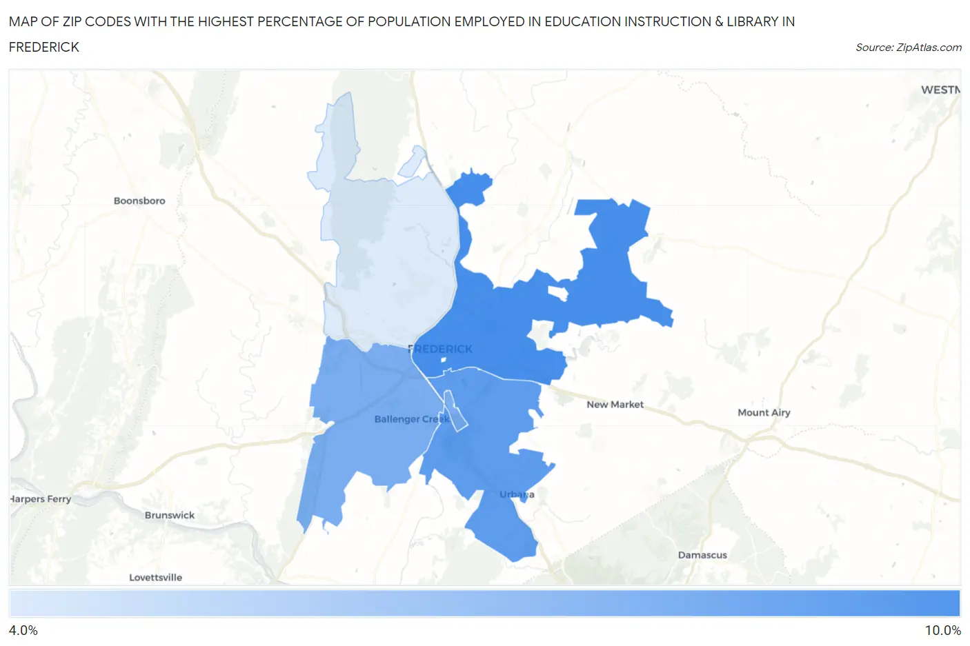 Zip Codes with the Highest Percentage of Population Employed in Education Instruction & Library in Frederick Map
