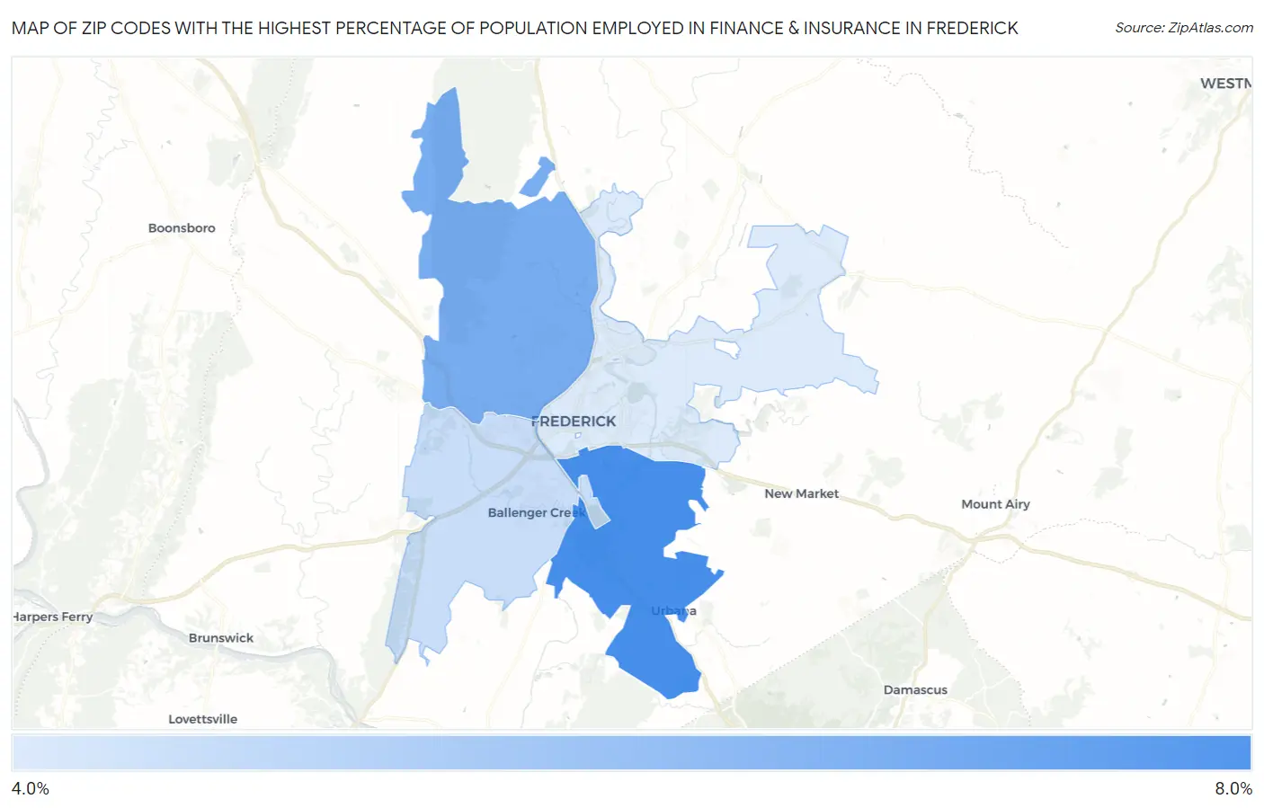 Zip Codes with the Highest Percentage of Population Employed in Finance & Insurance in Frederick Map