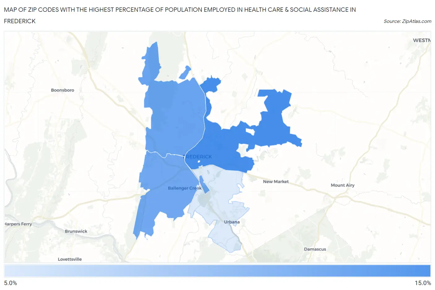 Zip Codes with the Highest Percentage of Population Employed in Health Care & Social Assistance in Frederick Map