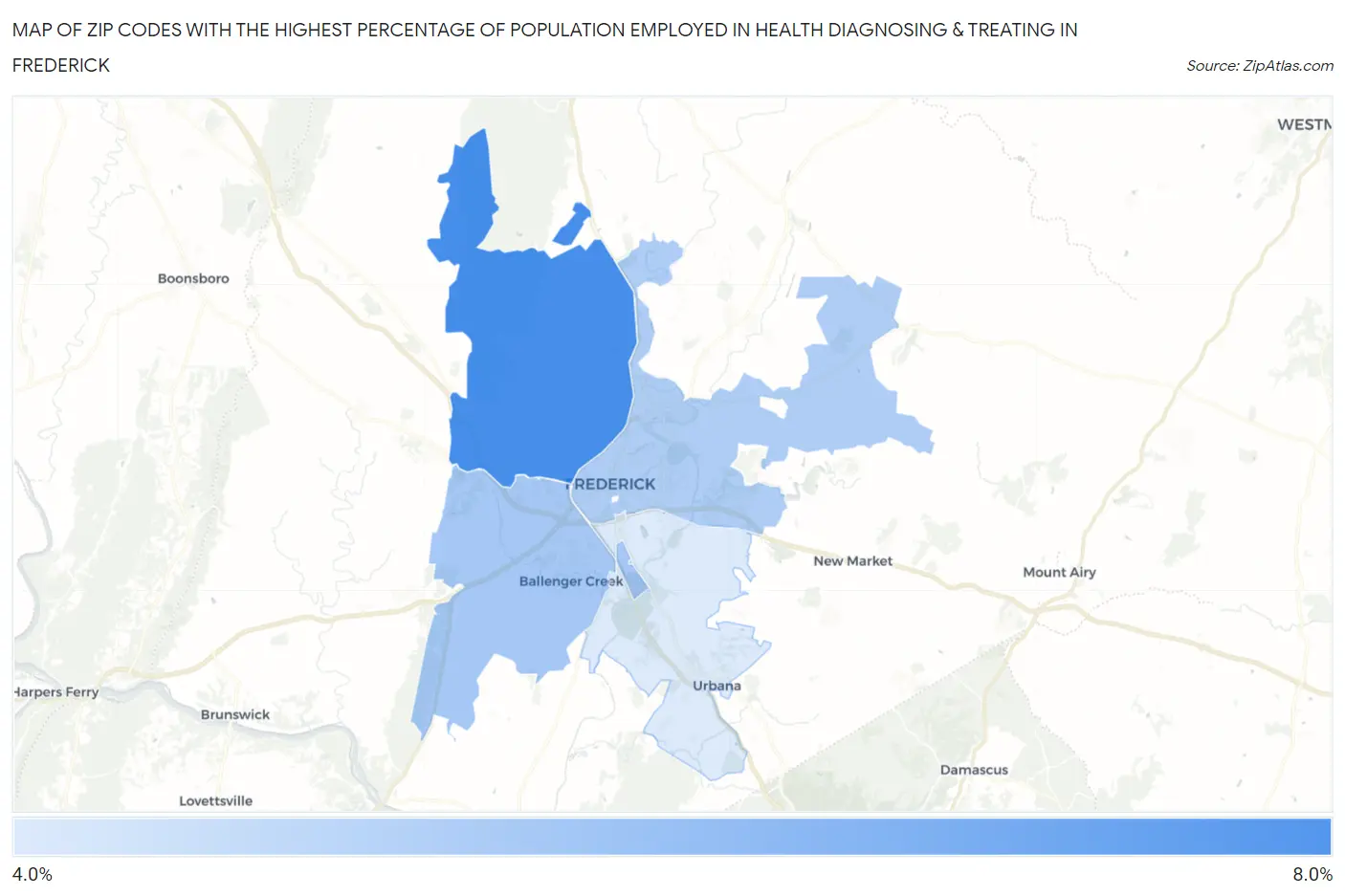 Zip Codes with the Highest Percentage of Population Employed in Health Diagnosing & Treating in Frederick Map