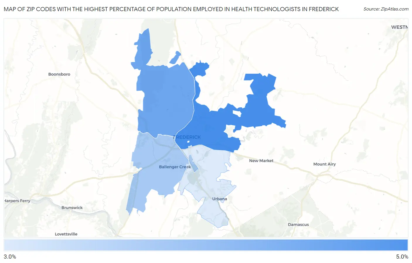 Zip Codes with the Highest Percentage of Population Employed in Health Technologists in Frederick Map