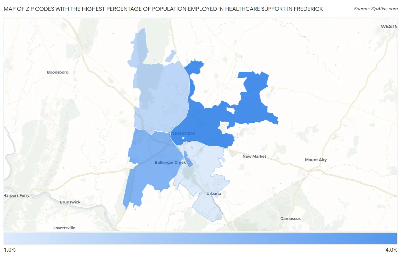 Zip Codes with the Highest Percentage of Population Employed in Healthcare Support in Frederick Map