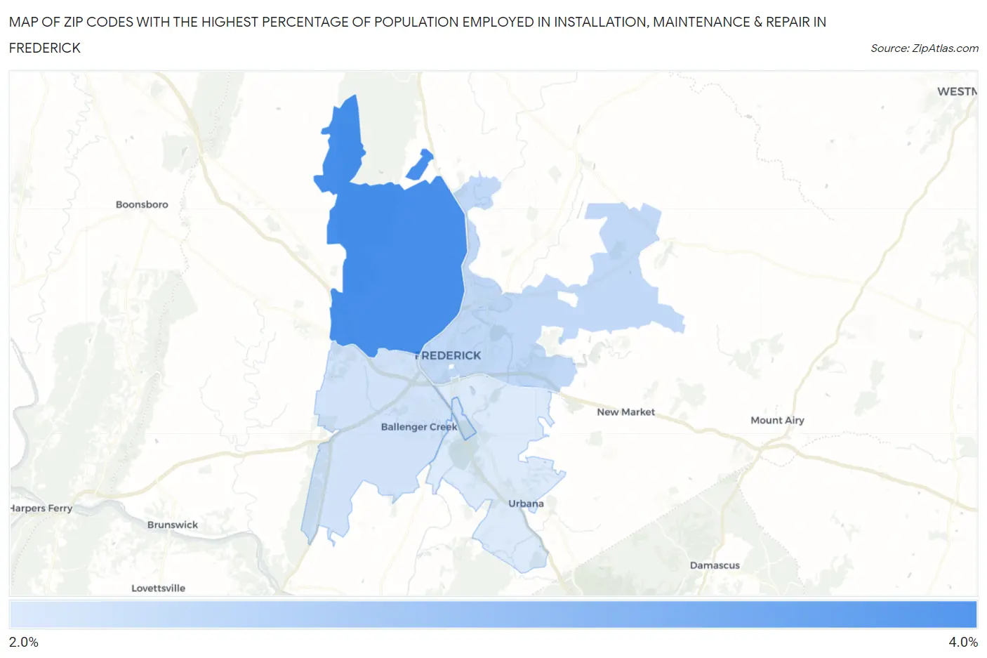 Zip Codes with the Highest Percentage of Population Employed in Installation, Maintenance & Repair in Frederick Map