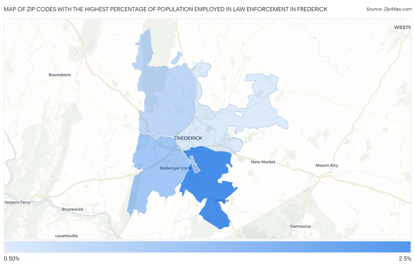 Zip Codes with the Highest Percentage of Population Employed in Law Enforcement in Frederick Map