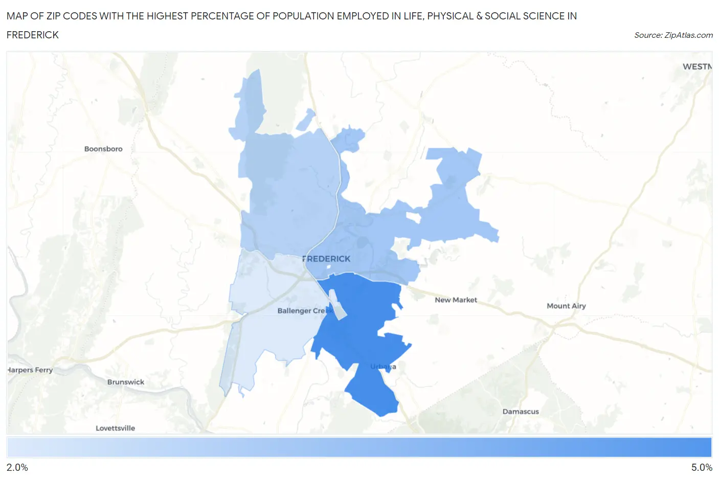 Zip Codes with the Highest Percentage of Population Employed in Life, Physical & Social Science in Frederick Map