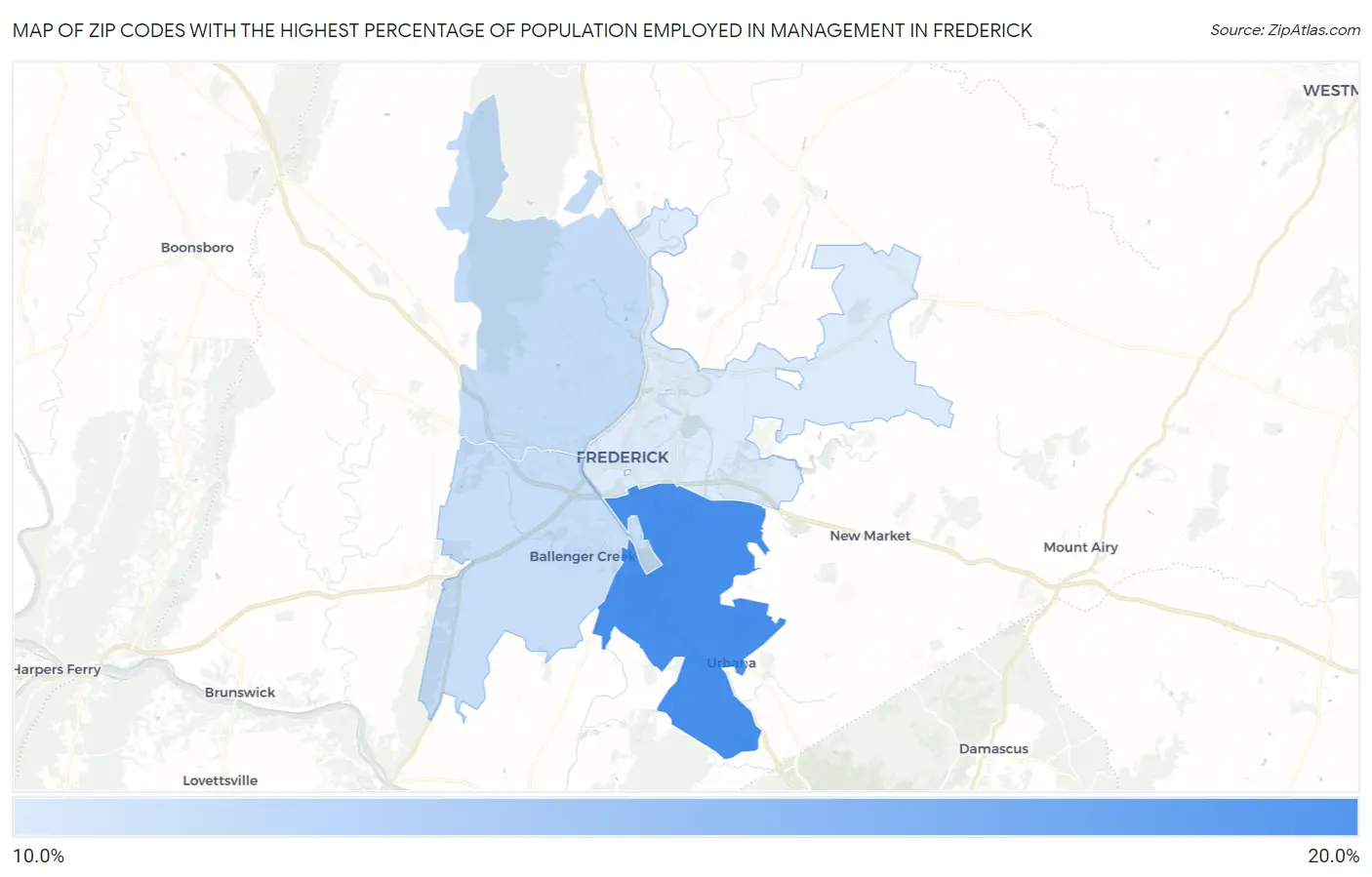 Zip Codes with the Highest Percentage of Population Employed in Management in Frederick Map