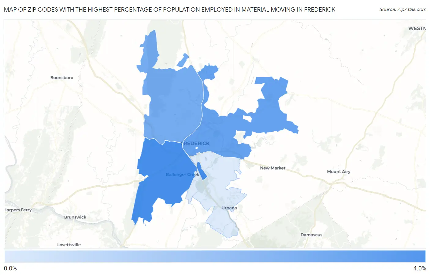 Zip Codes with the Highest Percentage of Population Employed in Material Moving in Frederick Map