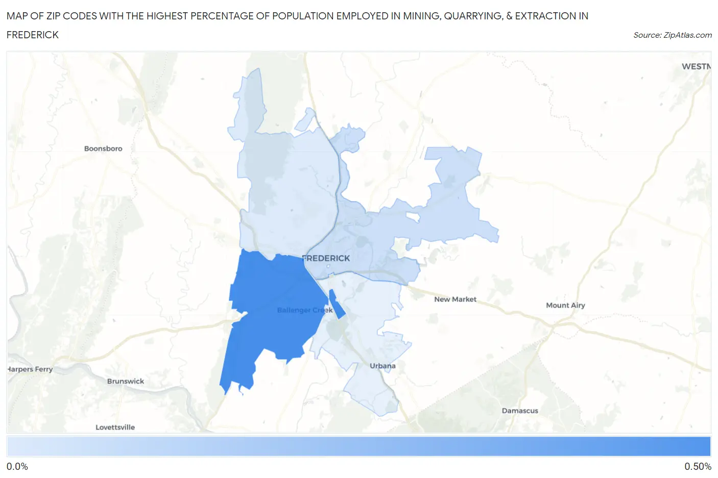 Zip Codes with the Highest Percentage of Population Employed in Mining, Quarrying, & Extraction in Frederick Map