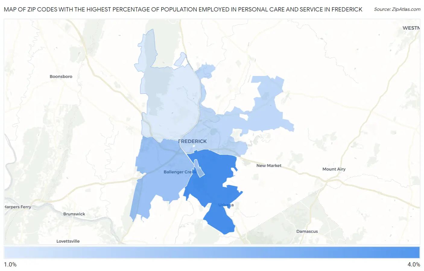 Zip Codes with the Highest Percentage of Population Employed in Personal Care and Service in Frederick Map