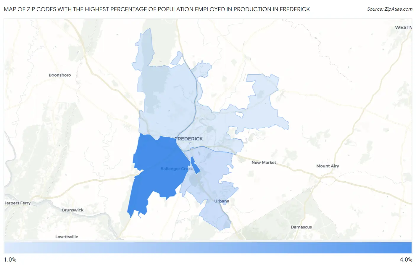 Zip Codes with the Highest Percentage of Population Employed in Production in Frederick Map