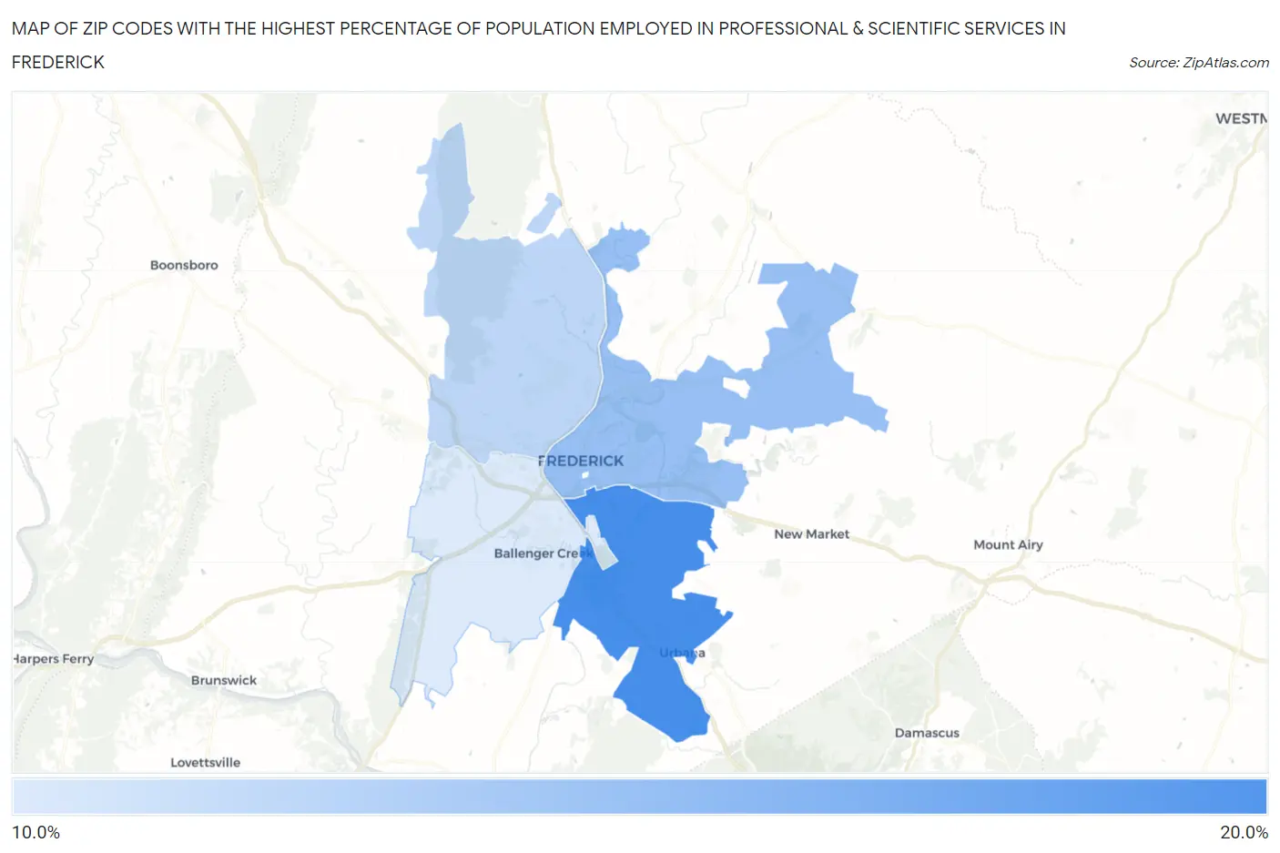 Zip Codes with the Highest Percentage of Population Employed in Professional & Scientific Services in Frederick Map