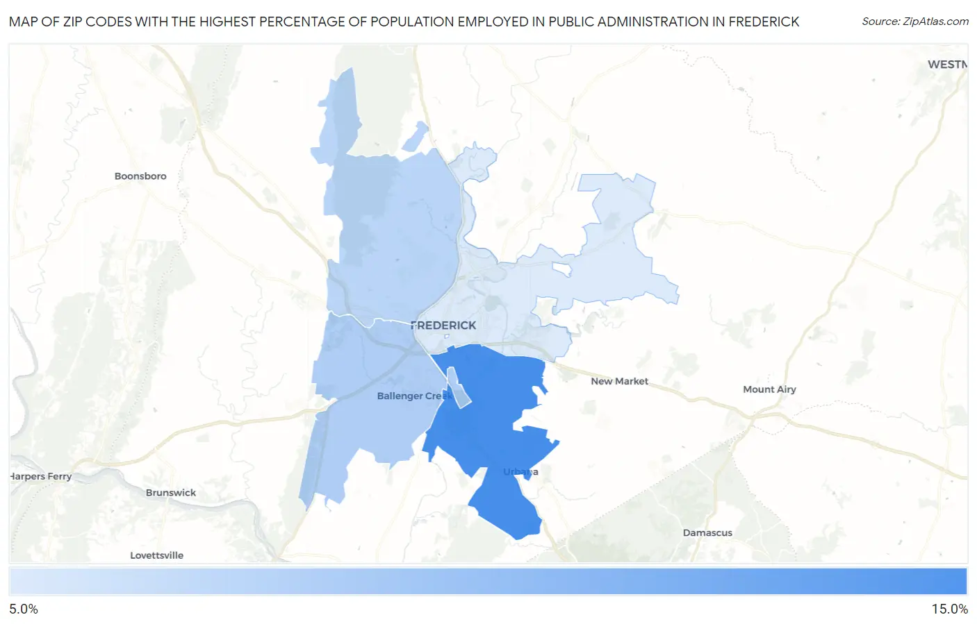 Zip Codes with the Highest Percentage of Population Employed in Public Administration in Frederick Map