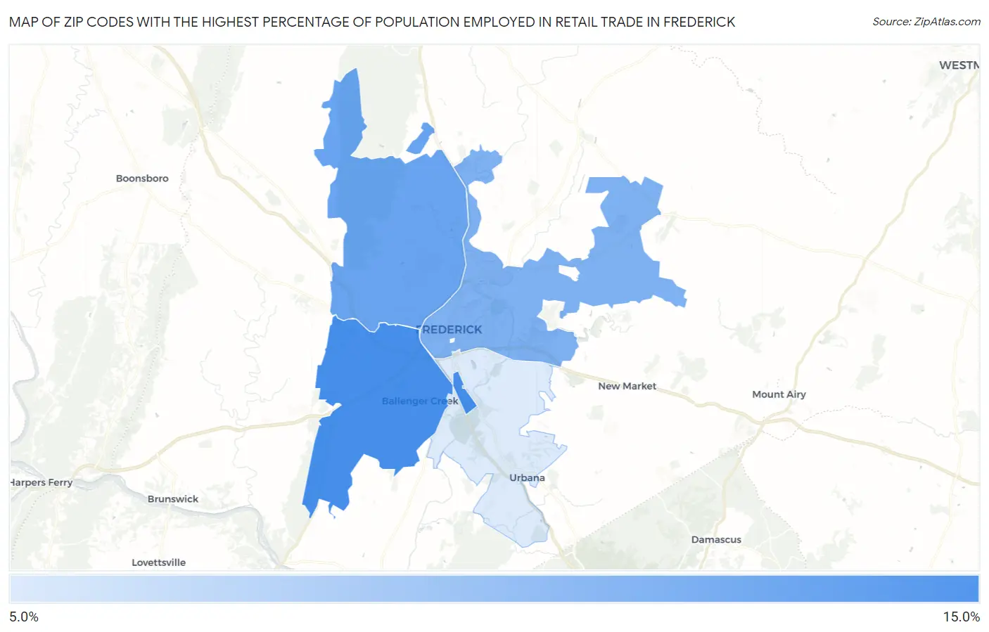Zip Codes with the Highest Percentage of Population Employed in Retail Trade in Frederick Map