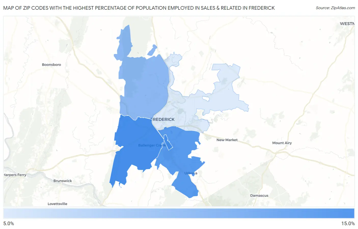 Zip Codes with the Highest Percentage of Population Employed in Sales & Related in Frederick Map