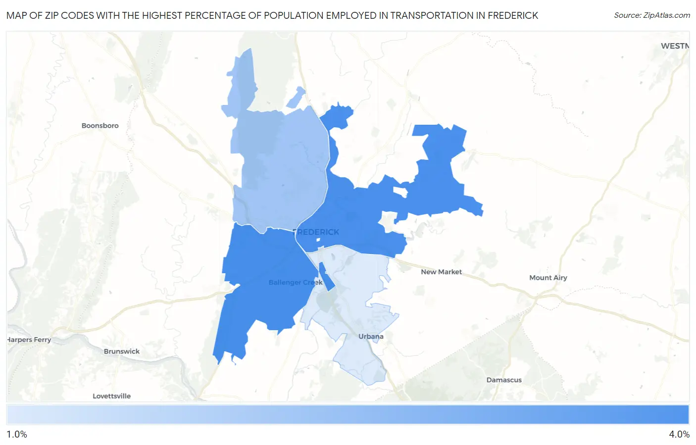 Zip Codes with the Highest Percentage of Population Employed in Transportation in Frederick Map